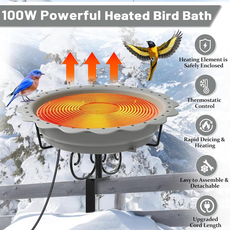 We-buys Heated Bird Baths for Outdoors, 100W Heated Bird Bath for Deck Railing, Heated Birdbath with Thermostat Control, Heated Bird Bath for Outside Winter Garden Patio Yard (Gray) - Image 2